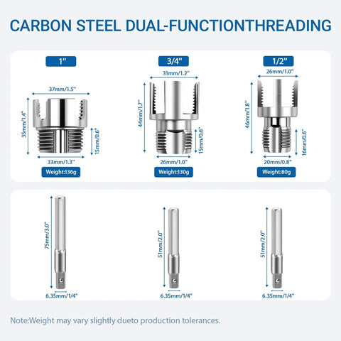 Dimensions and specifications of Heavy Duty 3-Piece Dual-Function Pipe Threader Set For PVC 1/2 In 3/4 In And 1 In Internal And External Threads Carbon Steel Manual Or Drill Compatible For Home DIY Plumbing Repairs.