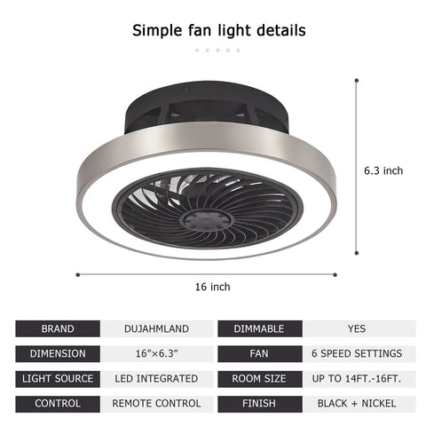 Enclosed 16 Inch Flush Mount Ceiling Fan With Lights, low profile dope black and brushed nickel finish, remote, 7 blades, 6 gear stepless wind.