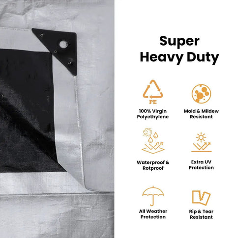 Close-up of Built Tough Heavy Duty Poly Tarp Cover 16 Mil 20x30 Ft showing corner with grommet and reinforced edges, UV protection icons