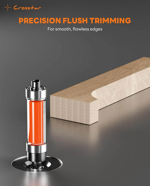 Flush Trim Router Bit Set Four Piece One Quarter Inch Shank Top And Bottom Bearing Carbide Template Guide Bits for precise woodworking.