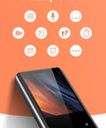 64GB Bluetooth MP3 Player with A19 2.4 Inch Curved Screen, icons displaying features like music and microphone.