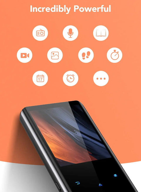 64GB Bluetooth MP3 Player with A19 2.4 Inch Curved Screen, icons displaying features like music and microphone.