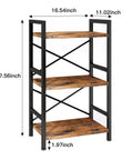 3 Tier Industrial Metal Bookcase With Rustic Brown Finish, Etagere Style Storage Shelf For Living Room, Bedroom, And Home Office, Slim Yet Sturdy Metal Frame, Space Saving Organizer For Small Spaces, Patent Pending shown with dimensions