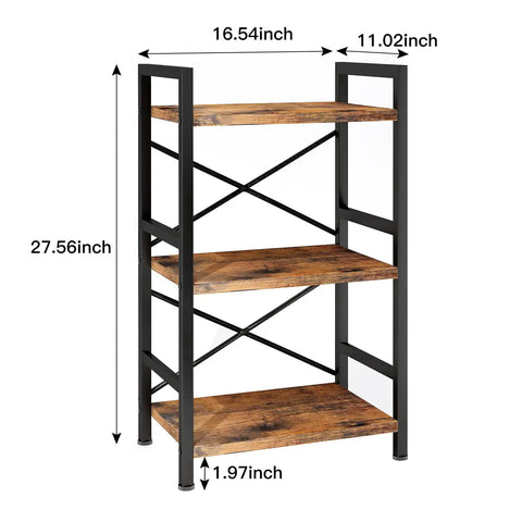 3 Tier Industrial Metal Bookcase With Rustic Brown Finish, Etagere Style Storage Shelf For Living Room, Bedroom, And Home Office, Slim Yet Sturdy Metal Frame, Space Saving Organizer For Small Spaces, Patent Pending shown with dimensions