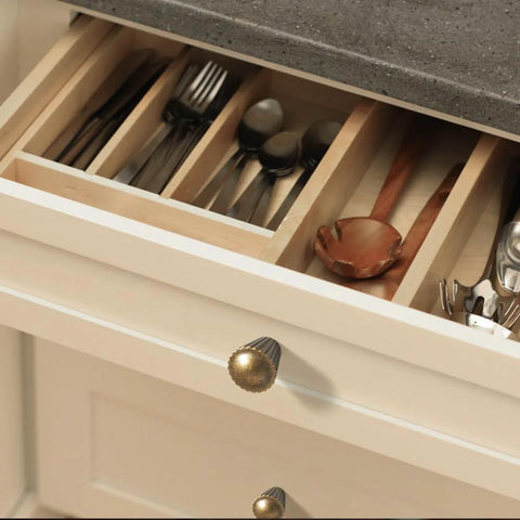 Drawer with cutlery and Six Pack Antique Brass Cabinet Knobs With Fluted Trumpet Ends Art Deco Inspired T Bar Handles on white cabinet