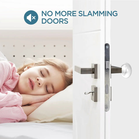 Child sleeping peacefully with open door showing Transparent Door Stop Set With 9 Self-Adhesive Bumpers, 50x15 Mm Clear Gel Wall Protectors
