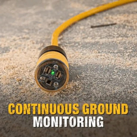 Heavy Duty Outdoor Lighted Extension Cord With Click To Lock Plug 50 Ft 12 Gauge 3 Conductor SJTW Weatherproof Waterproof Power Cable With Lighted End Industrial Strength Corrosion And Heat Resistant Job Site Ready showing lighted plug end on dusty surface with continuous ground monitoring text.