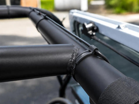 Outdoor UV Resistant Rubber Cable Zip Tie Mount Kit Tough As Nails Heavy Duty Black Nylon Mounts securing cables on a tubular frame