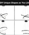 Multiple angles of Black Dope Two Ring LED Chandelier For High Ceilings, Sleek Modern Hanging Light, adjustable shapes.