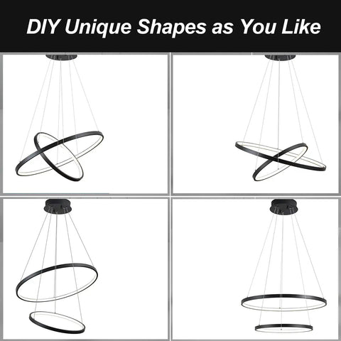 Multiple angles of Black Dope Two Ring LED Chandelier For High Ceilings, Sleek Modern Hanging Light, adjustable shapes.