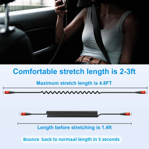 Coiled USB C To USB C Car Cable 3ft 2 Pack Fast Charge And Data Transfer Spring Loaded USB C Charger Cord No Tangle