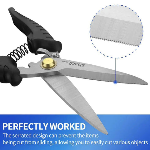 Close-up of Multipurpose Heavy Duty Scissors With Extended Ultra Sharp Blades And Finely Serrated Edges High Carbon Stainless Steel Shears.