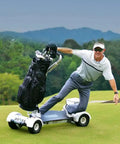 Electric Four Wheel Folding Golf Cart Skateboard Trolley Boasting Easy Peasy Portability on a golf course with a player.