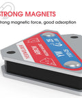 Top Shelf 4 Piece Welding Magnet Set With 25 Lb Holding Power showing a triangular magnet with strong magnetic force.