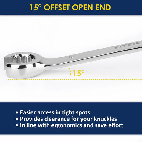 Flare Nut Wrench Set Metric Five Piece For Brake Lines, Fuel Lines, And More, 15° offset open-end wrench detail