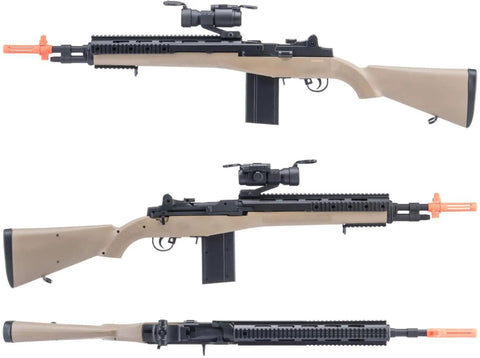 AGM M14 SOCOM Spring Powered Airsoft Rifle Tan Package No Optics No Battery No Charger Included Blaze Orange Tip Preinstalled