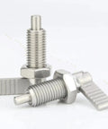 Heavy Duty L Handle Indexing Plunger With Fine Thread M12 Lock Nut And Spring Loaded Thumb Screw For Zero Slack Jigs CNC Machines and Shop Fixtures Black, featuring stainless steel construction.
