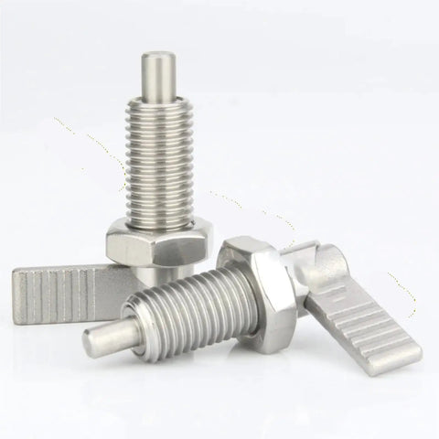 Heavy Duty L Handle Indexing Plunger With Fine Thread M12 Lock Nut And Spring Loaded Thumb Screw For Zero Slack Jigs CNC Machines and Shop Fixtures Black, featuring stainless steel construction.
