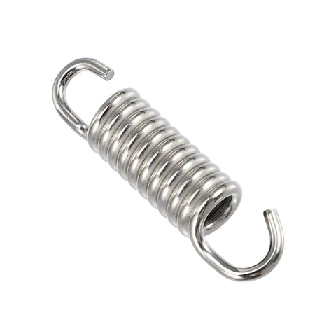 Close-up of stainless steel motorcycle exhaust pipe spring with hooks at both ends