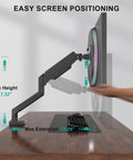 Single Monitor Arm Mount For 13 To 34 Inch Screens, showing max height and extension, desk mounted, VESA compatible, sleek black.