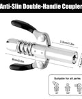 Anti-slip double-handle coupler from All In One Grease Gun Accessories Kit With 90 Degree Coupler, Needle Tips, Needle Dispenser And Double Handle Coupler For One Eighth Inch NPT Grease Guns.