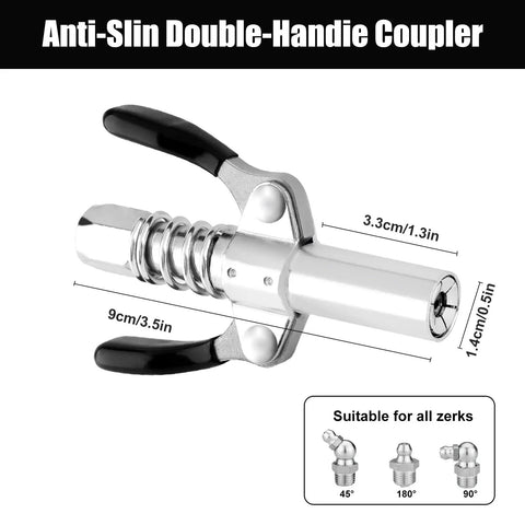 Anti-slip double-handle coupler from All In One Grease Gun Accessories Kit With 90 Degree Coupler, Needle Tips, Needle Dispenser And Double Handle Coupler For One Eighth Inch NPT Grease Guns.