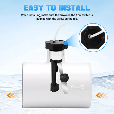 Upgraded GLX-FLO-RP Pool Flow Switch Assembly installation for Hayward Goldline Aqua Rite systems with pipe and sensor shown