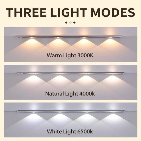 Under Cabinet LED Light With Motion Sensor USB Rechargeable Closet Cabinet Light displaying 3 light modes: 3000K, 4000K, 6500K