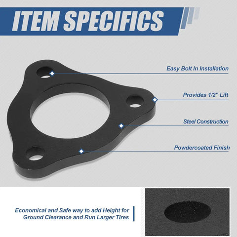Level Up Your Rig Today With This Sick Pair Of 0.5 Inch Front Upper Mount Suspension Leveling Lift Spacers Kit Built For Dodge Ram 1500 4wd Trucks Featuring A Tough Black Powder Coated Finish. Close-up of steel spacer showing 0.5 inch lift design.