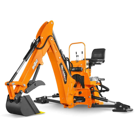 9 Ft Tractor Backhoe Attachment With Mechanical Thumb, 15 Inch Bucket, shown with 180 Degree Boom Swing and Bucket Rotation