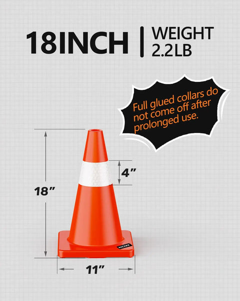 6 Pack 18 Inch Traffic Safety Cones With Reflective Collars PVC Orange For Home Driveway Parking Durable Weighted Construction Cone Set That Stacks And Stores Easily, showing size and glued collar durability