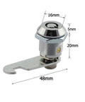 Hefty 20mm Thread Tubular Cam Lock Keyed Alike With Two Quincunx Keys Slick Zinc Alloy Hardware For Drawers Cabinets And Desk Tight Fit Silver Tone Finish dimensions displayed.