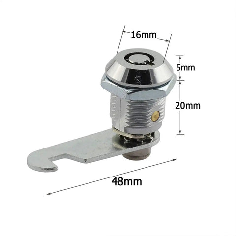 Hefty 20mm Thread Tubular Cam Lock Keyed Alike With Two Quincunx Keys Slick Zinc Alloy Hardware For Drawers Cabinets And Desk Tight Fit Silver Tone Finish dimensions displayed.