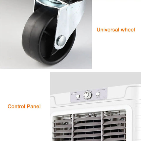 Heavy Duty Portable Swamp Cooler With 750 Watt Motor And 23 Point 7 Gallon Tank Dishes Out Top Shelf Chill showing control panel and universal wheel.
