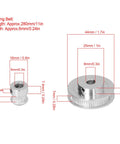 Badass Aluminum Timing Pulley Set And Grippy Rubber Belt For 3D Printers Smooth Transmission featuring two aluminum pulleys with measurements.