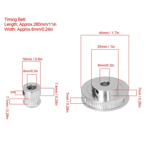 Badass Aluminum Timing Pulley Set And Grippy Rubber Belt For 3D Printers Smooth Transmission featuring two aluminum pulleys with measurements.