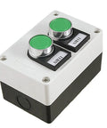 Straight Fire Round Green Cap Push Button Station, Momentary NO NC Contact Switch, Heavy Duty 660V 10A Electrical Rating, panel control box with two green buttons.