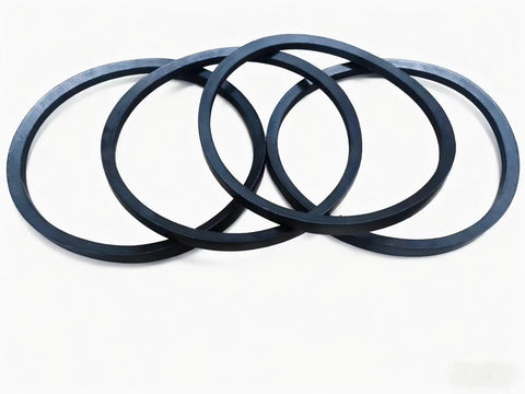 4 Pack V Belt Set 5/8 x 49 Inch B46 or 5L490 Rubber V Belts for Lawn Tractor Equipment, Heavy Duty Drive Belts, Universal Fit, Durable Reinforced Rubber, Replacement Belts. Four black rubber V belts on white background.
