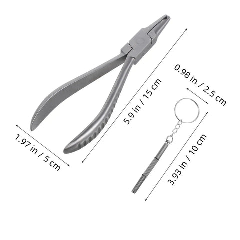 Stainless Steel Eyeglass Repair Pliers With Nose Pad Tool 2 Piece Glasses Maintenance Kit showing dimensions