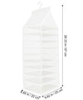 Nine Compartment Hanging Closet Organizer With Heavy Duty Hook And Washable PVC Fabric For Super Handy Clothes Storage Multi Layer Wardrobe Bag To Keep Your Dresser Clutter Free And Hassle Free, white fabric with nine compartments.