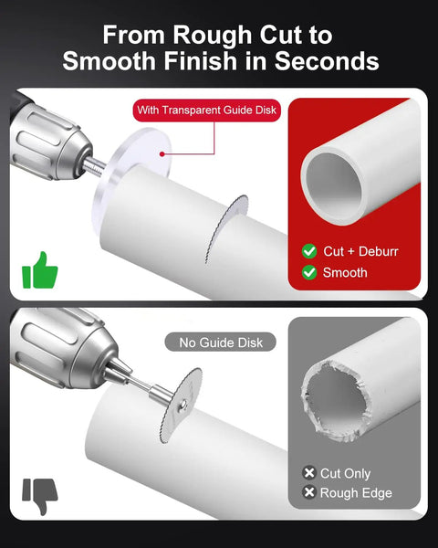 Internal PVC Pipe Cutter Kit With Six Blades And Seven Inch Adjustable Depth Gauge, Diamond Cutting Wheels For Plastic And Metal, Drill Powered Pex Cutter Plumbing Tool For Precise Inside Cuts, DIY Friendly And Ready To Roll shown cutting PVC with guide disk