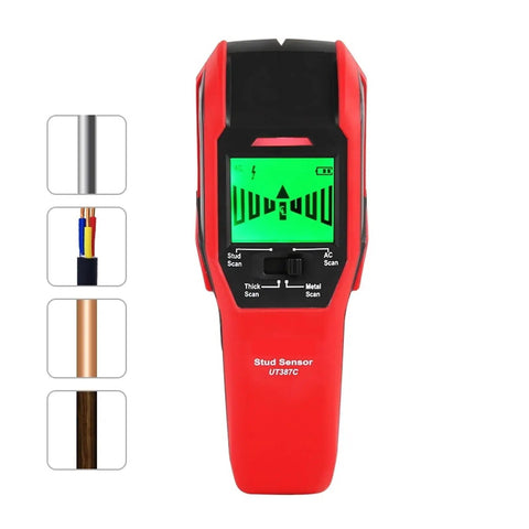 UT387C Heavy Duty Stud Finder And Wall Scanner With Live Wire Detector and Metal Sensor showing LCD screen and control buttons.