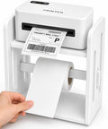 Premium Solid Wood Label Holder In Clean White, No Sweat Setup Printer Stand And Sticker Dispenser For Thermal Rolls And 4X6 Shipping Labels with label printing.