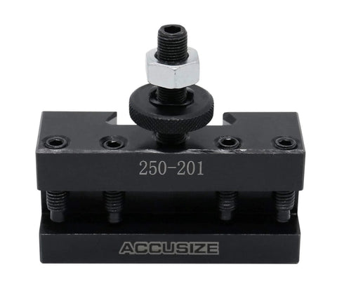 Front view of Accusize BXA turning and facing tool holder, black metal, model 250-201 with top adjustment bolt