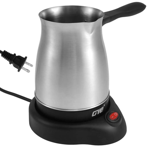 Electric Turkish Coffee Pot Maker 600ml for Camping Home and Travel, brew rich Turkish coffee in 5 to 6 cups, silver color.