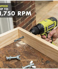 Hand using 18V Cordless Drill Driver With Half-Inch Keyless Chuck to drill into wood, displaying speed of 1,750 RPM, PCL206B.