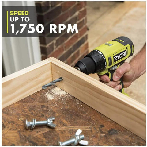 Hand using 18V Cordless Drill Driver With Half-Inch Keyless Chuck to drill into wood, displaying speed of 1,750 RPM, PCL206B.