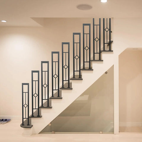 Rock Solid U Shaped Stair Handrails 2 Pack Sleek Matte Black Wrought Iron Railing With Rhombus Openwork Cutouts For Indoor Entryway And Hallway showing modern design.