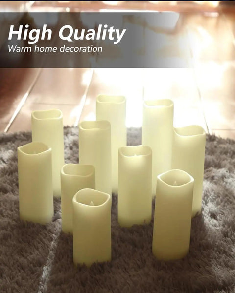 Flameless LED Candle Set Of 10 Pillar Candles Waterproof Resin For Indoor Outdoor Use Ivory With Realistic Flickering Flame