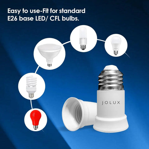 Bulb Socket Extender Four Pack E26 To E26 Lamp Socket Extension for LED, incandescent, halogen compatibility displayed with bulbs.